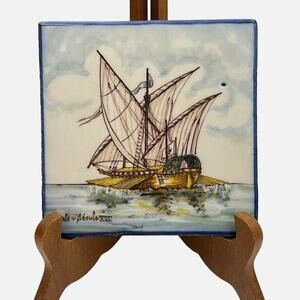 Portuguese Tile Ship Gale Seculo XVI Handpainted Battistini de Maria de Portugal